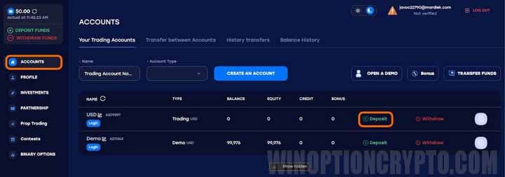 вкладка аккаунты в AZAForex