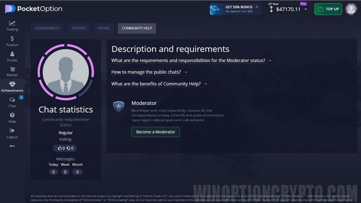 community moderator requirements in pocket option