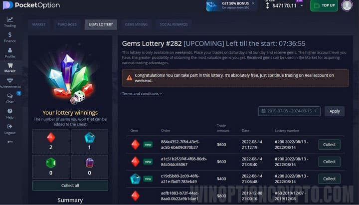 lottery with gem prizes in pocket option
