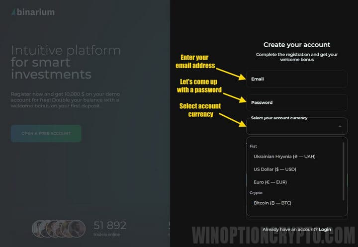 Registering a new account with Binarium