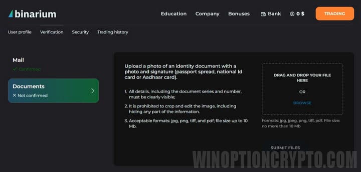 Binarium account verification