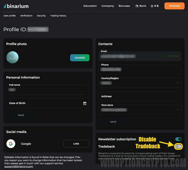tradeback at Binarium