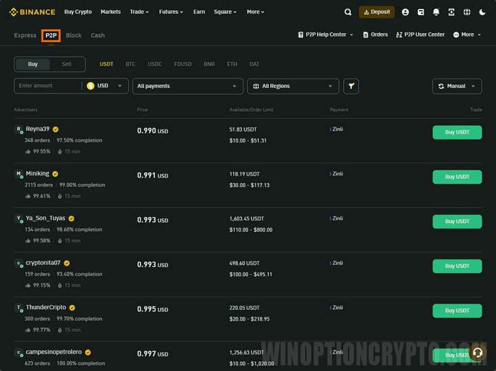 пополнение депозита через p2p