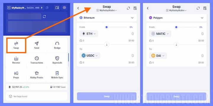 обмен криптовалюты в Rabby Wallet