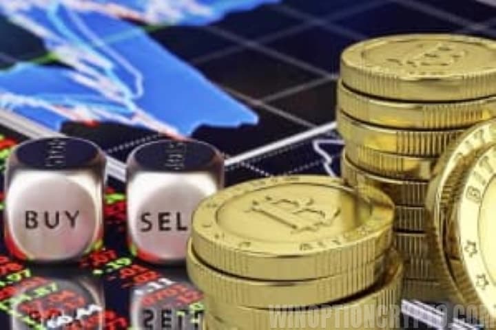 монеты биткоина и график бинарных опционов, кубики buy и sell