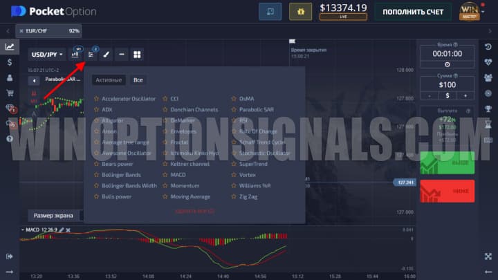 indicators on the Pocket Option platform